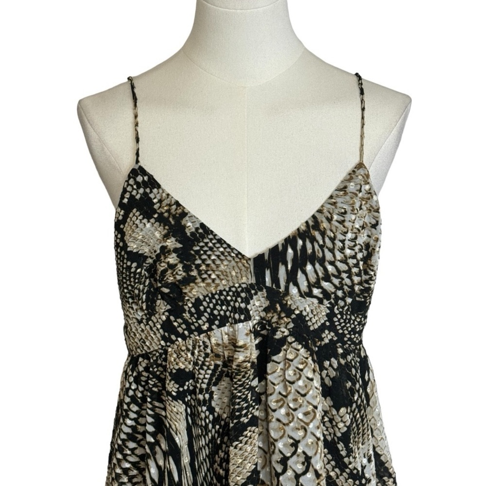 ZARA Plumetis Snake Print Mini Dress Lined Spaghetti Strap Size S Black Gold - Picture 8 of 12